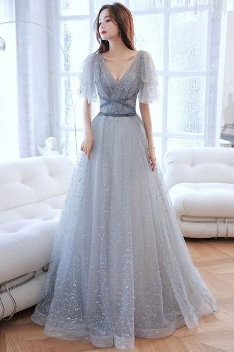 Elegant Grey V-neckline Shiny Tulle Puffy Sleeves Formal Dress, Floor Length Grey Party Dresses