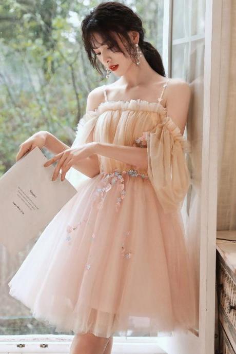 Cute Light Pink Tulle Scoop Short Prom Dress With Lace Applique. Short Homecoming Dresses