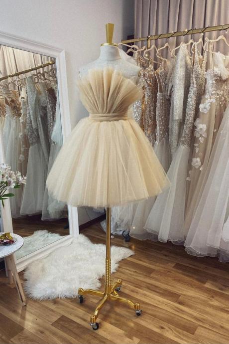 Cute Champagne Short Tulle Homecoming Dress, Short Prom Dresses