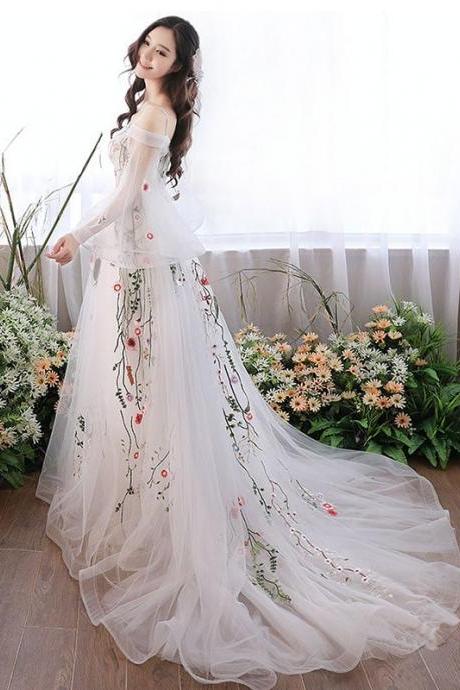 Beautiful White Off Shoulder Tulle Gown with Lace, V-neckline White Prom Dresses