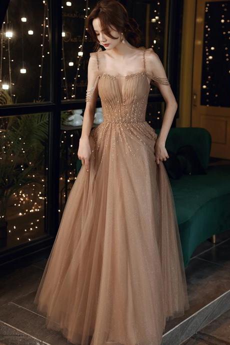 Champagne Beaded Tulle Straps Long Party Dresses, A-line Tulle Formal Dresses Prom Dresses