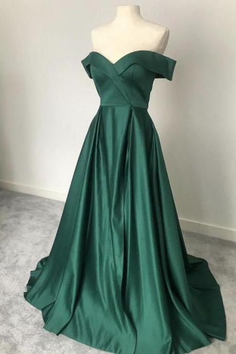 Green Satin Off Shoulder Long Party Dress Prom Dress, Green Bridesmaid Dreses