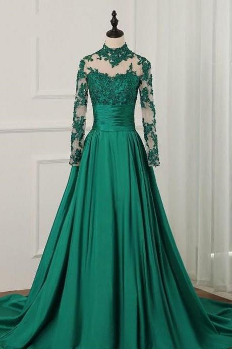 Green Satin Long Sleeves Floor Length Party Dress, Green Evening Dress Prom Dresses