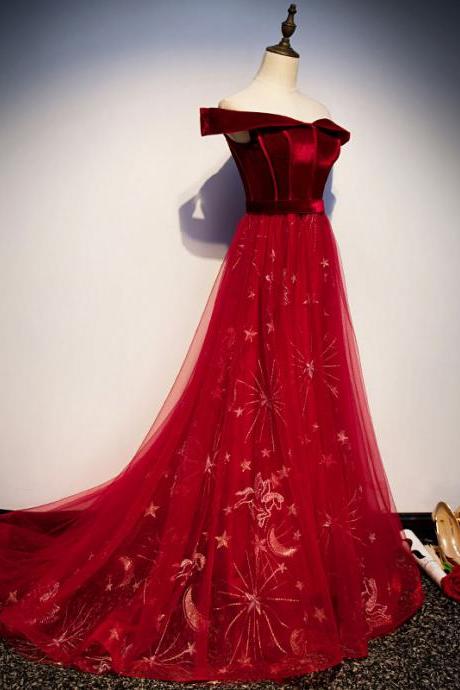 Lovely Red Velvet Off Shoulder Long Party Dress, A-line Tulle Prom Dresses