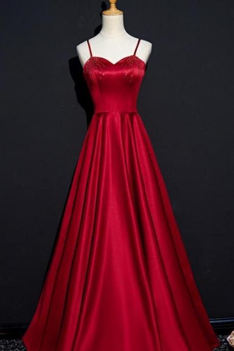 Simple Beaded Sweetheart Satin Wine Red Party Dress, Dark Red Prom Dresses
