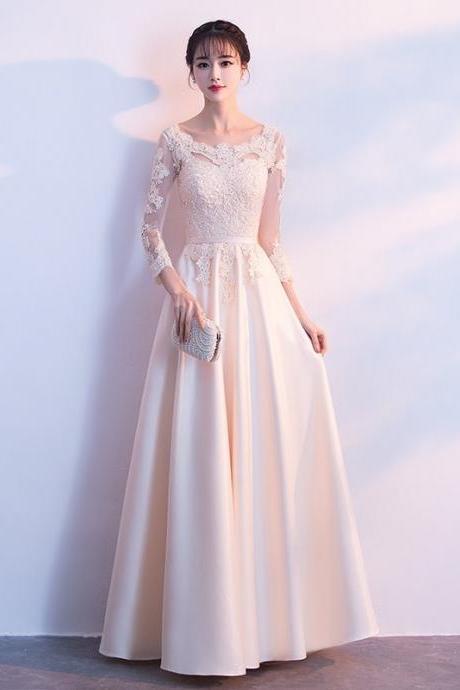 Lovely Champagne Satin adn Lace Round Neckline Party Dress, Long Evening Dress Prom Dress