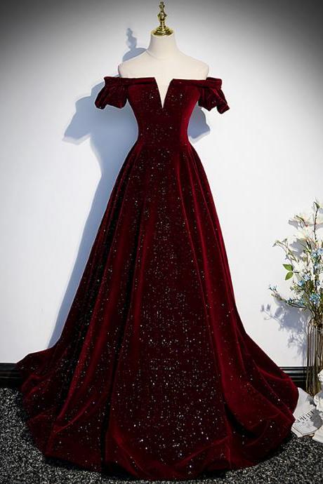 Wine Red Velvet Off Shoulder Sweetheart Long Party Dress, Burgundy Evening Dresses