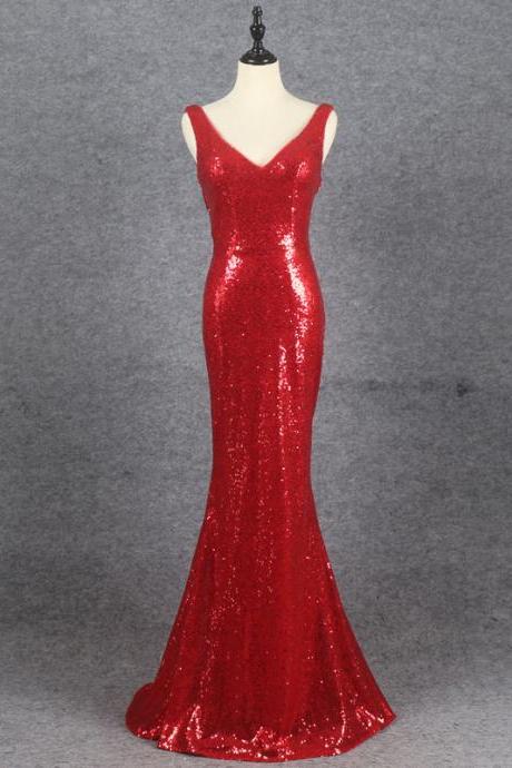 Red Sequins Mermaid Low Back Long Evening Dress Party Dress, Red Bridesmaid Dresses