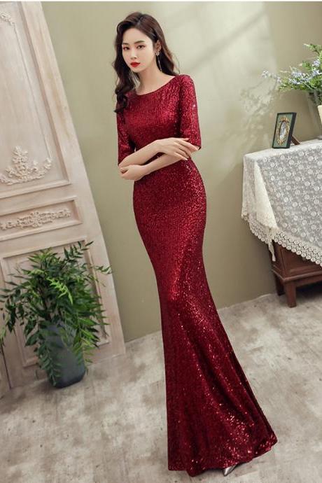 Wine Red Sequins Mermaid Long Evening Dress Party Dress, Dark Red Formal Dresses