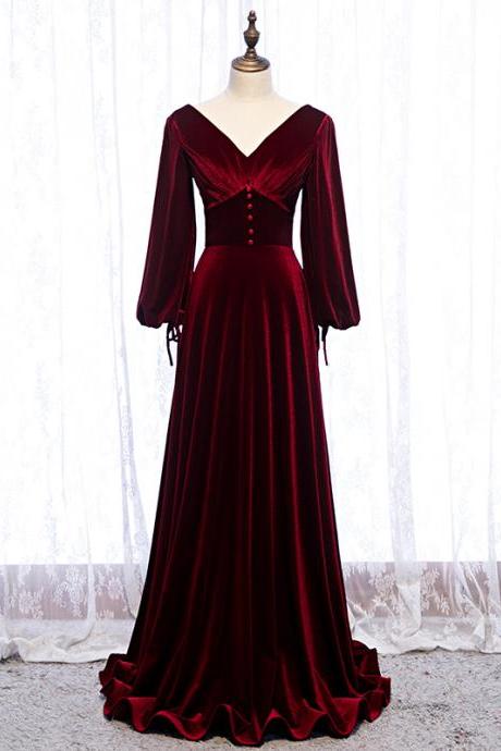 Beautiful Wine Red Velvet Long Sleeves A-line Party Dress, Wine Red Prom Dress Formal Dress