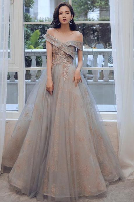 Elegant Off Shoudler Shiny Lace Long Party Dress Prom Dress, Floor Length Evening Dresses