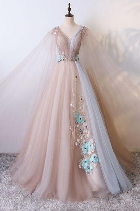 Lovely Light Champagne Long Tulle with Lace Sweet 16 Dresses, Charming Tulle Prom Dress