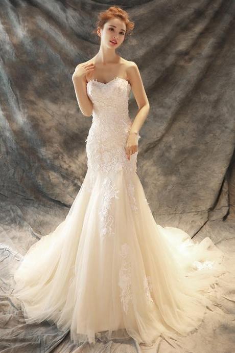 Ivory Tulle with Lace Applique Mermaid Sweetheart Long Prom Dress, Ivory Wedding Party Dresses