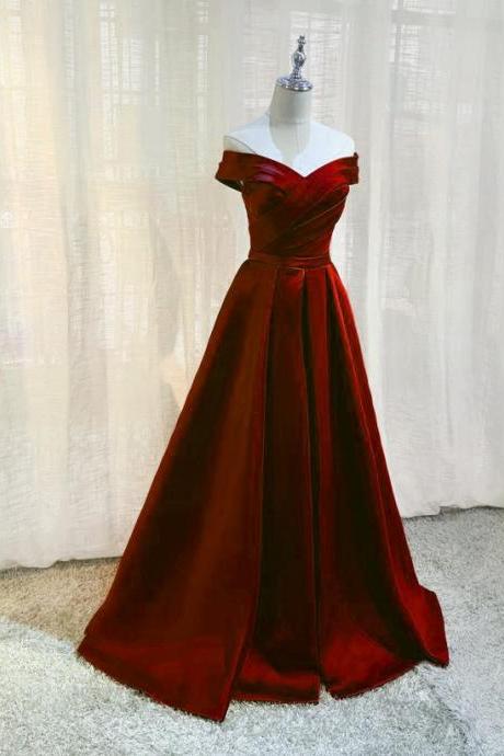 Beautiful Wine Red Simple Satin Off Shoulder Evening Gown, Dark Red Long Formal Dresses