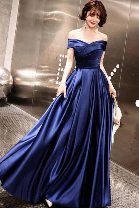Blue Satin Simple A-line Chic Prom Dress Party Dress 2022, Long Evening Dresses