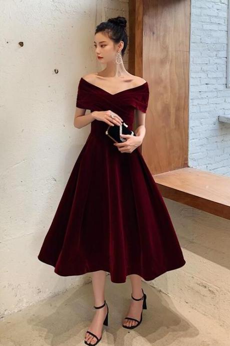 Burgundy Velvet Tea Length Chic Off Shoulder Party Dress, Wine Red Prom Dresses Bridesmaid Dress