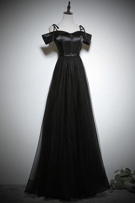 Lovely Black Off Shouldr A-Line Satin With Tulle Prom Dress, Black Evening Dresses Bridesmaid Dresses