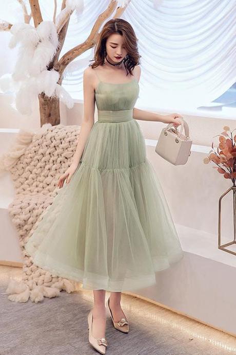 Mint Green Tea Length Scoop Straps Formal Dresses, Green Short Wedding Party Dresses