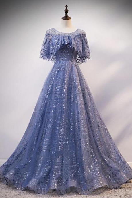 Charming Blue Shiny Tulle And Lace Long Formal Gown, Blue A-line Off Shoulder Prom Dresses