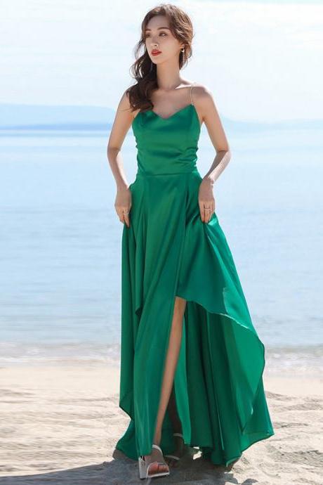 Green Stylish High Low Cross Back Satin Party Dresses, Green Wedding Party Dresses