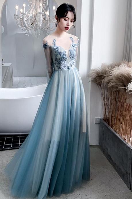 Beautiful Long Sleeves Tulle Party Dress With Lace Applique, Blue Evening Dress Prom Dresses