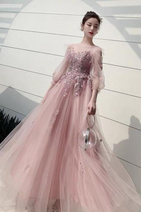 Pink Tulle Long Sleeves Round Neckline Party Dresses, A-line Pink Formal Dress with Lace