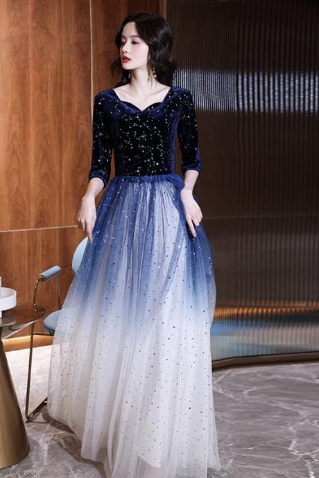 Blue Velvet and Tulle Gradient Long Evening Dress, Blue Bridesmaid Dress Party Dresses