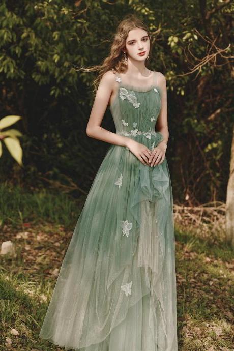 Light Green Tulle Straps Long Party Dress With Butterflies, Green Long Prom Dresses