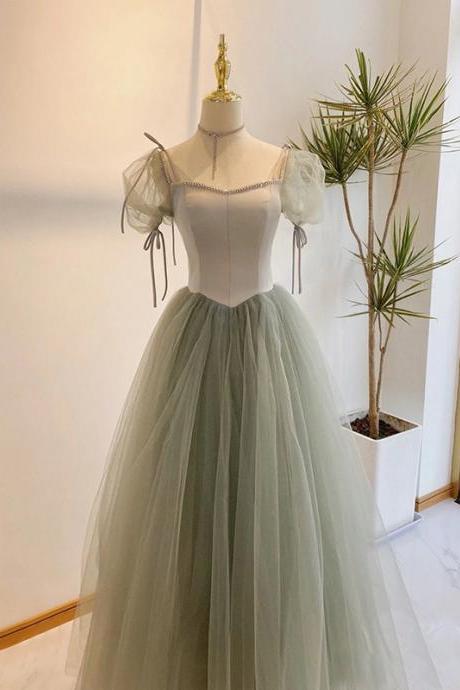 Light Green Tulle Shor Sleeves Party Dress Prom Dress, A-line Tulle Formal Dresses
