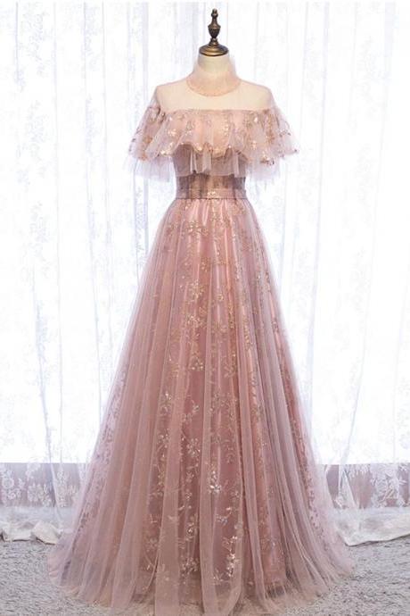 Pink High Neckline Tulle with Lace Long Party Dresses, A-line Short Sleeves Prom Dress