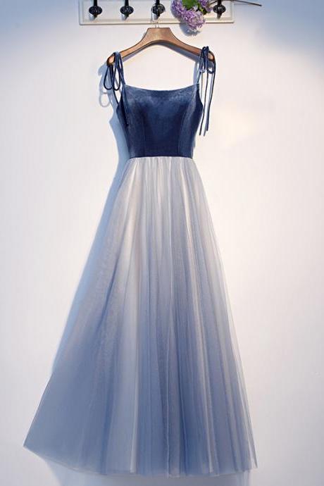 Blue Tulle With Velvet Straps Long Prom Dresses, A-line Tulle Evening Dress Party Dress
