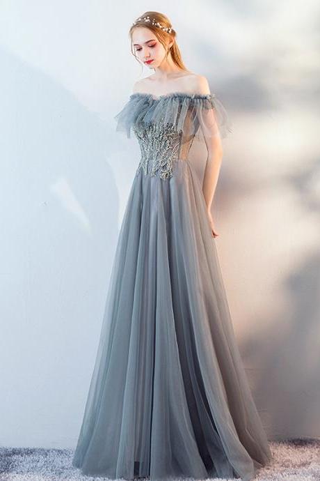 Light Grey Off Shoulder Tulle Long Evening Dress Prom Dress, A-line Tulle Wedding Party Dresses