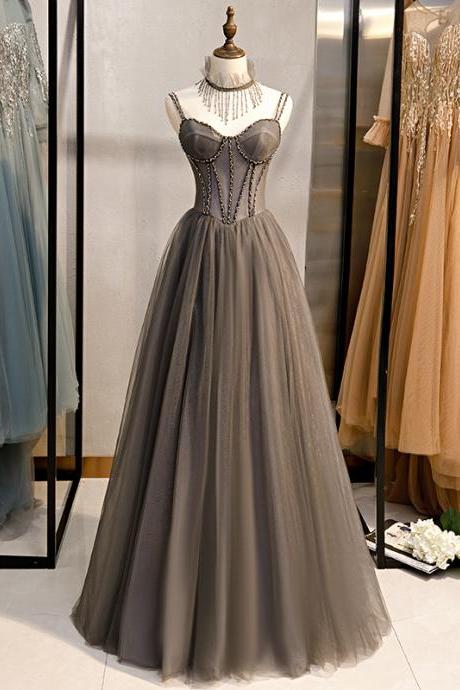 Beautiful Grey Beaded Straps Tulle Long Party Dress Formal Dress, Grey Evening Dress 2022