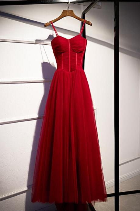 Wine Red Spaghetti Straps Tulle Pleated Ruched Long Prom Dress, Burgundy Long Evening Dresses 