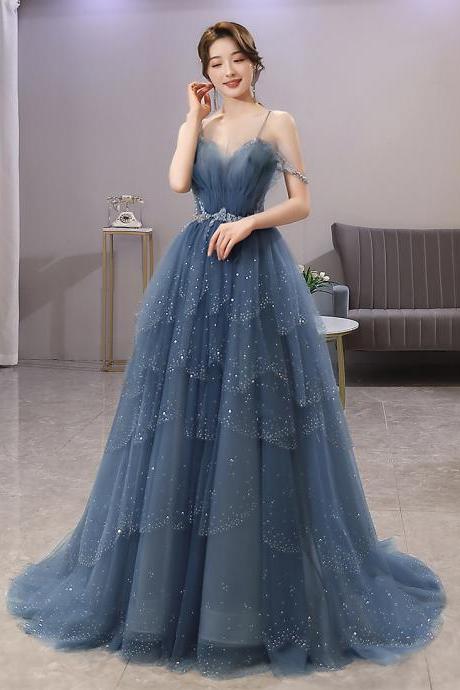 Glam Blue Tulle Long Shiny Layers Straps Evening Dresses Prom Dress, Blue Party Dress 2022