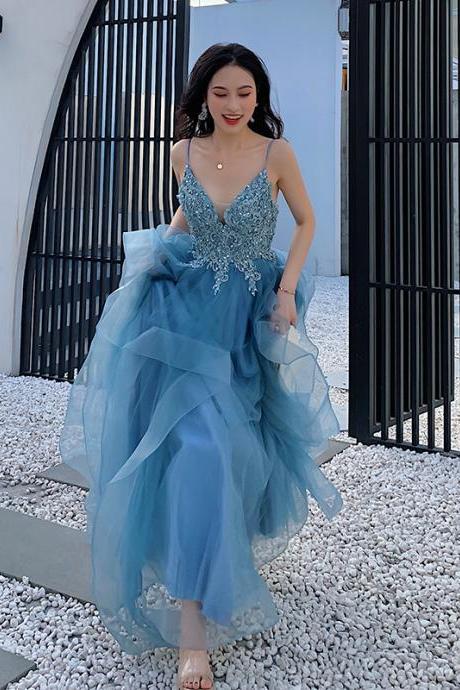 Charming Blue Tulle with Lace Straps Long Formal Dresses, Floor Length Blue Prom Dresses