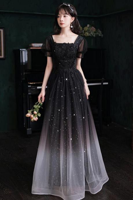 Black Short Sleeves Tulle with Lace Gradient Long Formal Dresses, Black Evening Dress Party Dresses