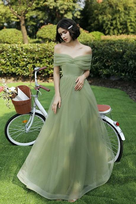 Green Off Shoulder Tulle Long Party Dress 2022, Green Bridesmaid Dresses Party Dress