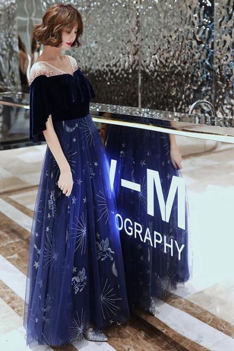 Beautiful Blue Velvet And Tulle A-line Floor Length Party Dress, Blue Prom Dresses 2022