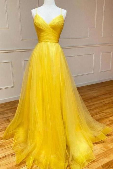 Light Yellow Tulle Cross Back V-neck Tulle Long Prom Dresses,yellow Formal Dresses
