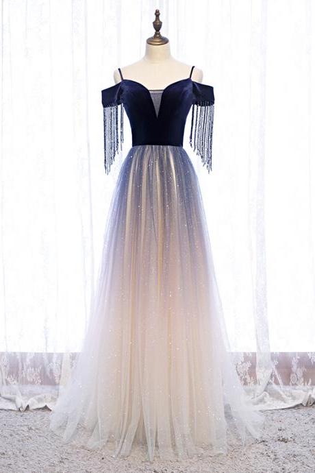 Blue Gradient Tulle and Velvet Long Simple Prom Dress, Beautiful Blue Formal Dresses