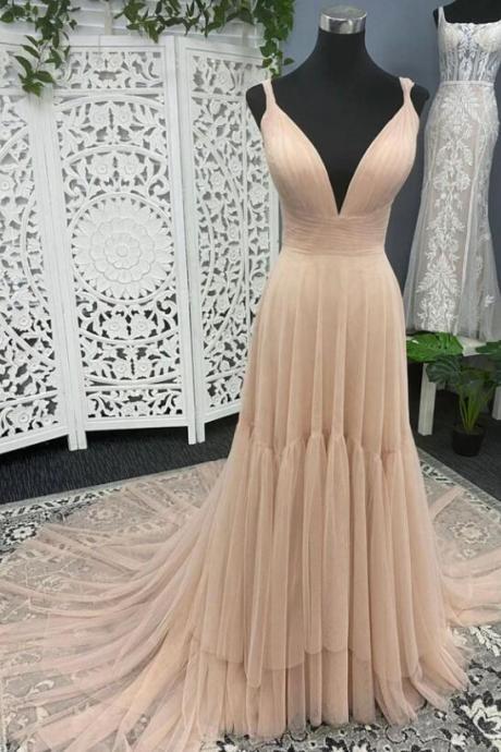 Beautiful Tulle Long Unique Straps Party Dresses, Pink Tulle Formal Dresses