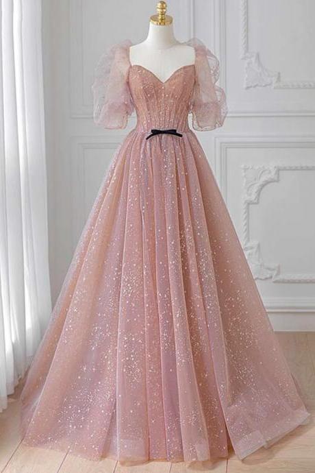 Pink Tulle Puffy Sleeves Long Princess Party Dresses, Pink Floor Length Prom Dresses