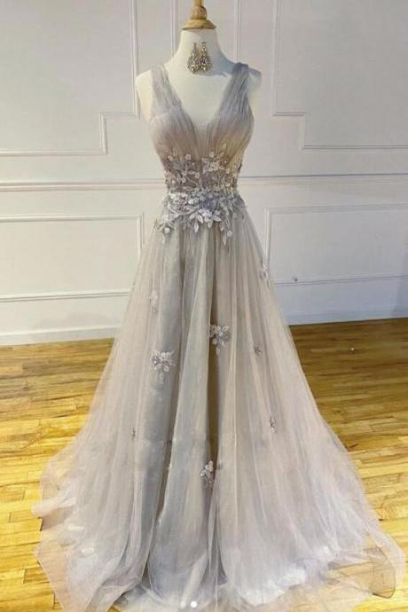 Beautiful Grey Tulle with Lace Long Evening Dress Party Dress, Floor Length Prom Dresses