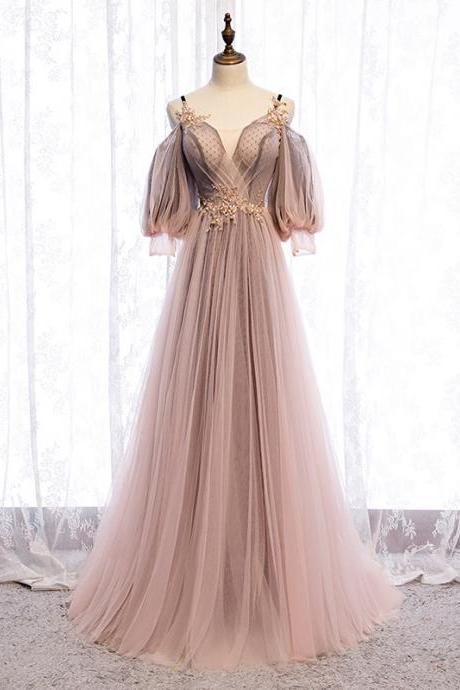 Lovely Pink Tulle V-neckline Straps Floor Length Party Dresses, Pink Tulle Formal Dresses 2022