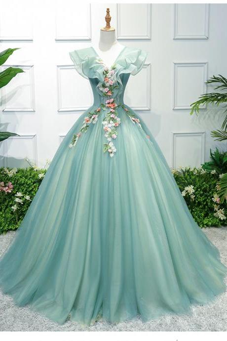 Light Green Tulle With Lace Flowers Long Party Dress, Tulle Evening Gown Prom Dress