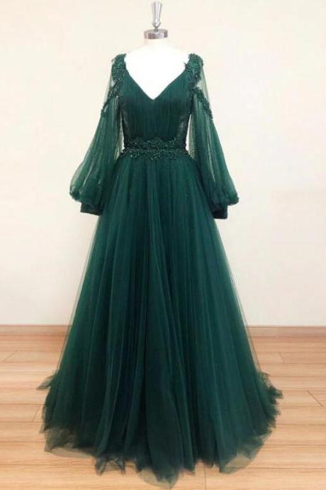 Beautiful Green Tulle Long Sleeves Wedding Party Dresses, Green Prom Dresses Party Dress
