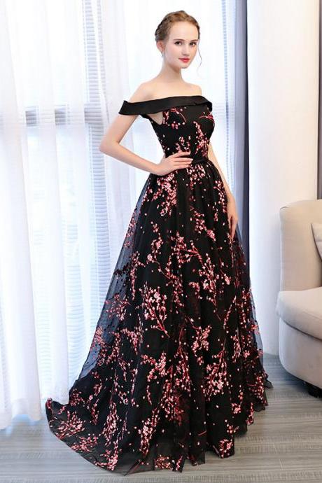Black Off Shoulder Floral Lace Long Party Dresses, A-line Black Eveing Party Dresses
