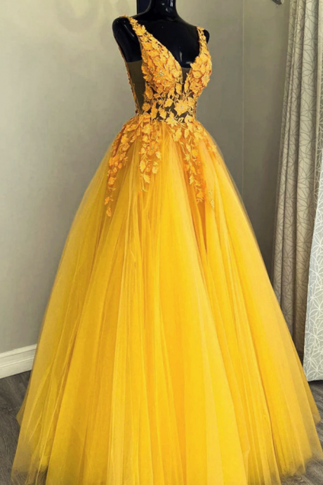 Beautiful Yellow V-neckline Low Back Tulle with Lace Long Party Dresses, A-line Tulle Prom Dresses