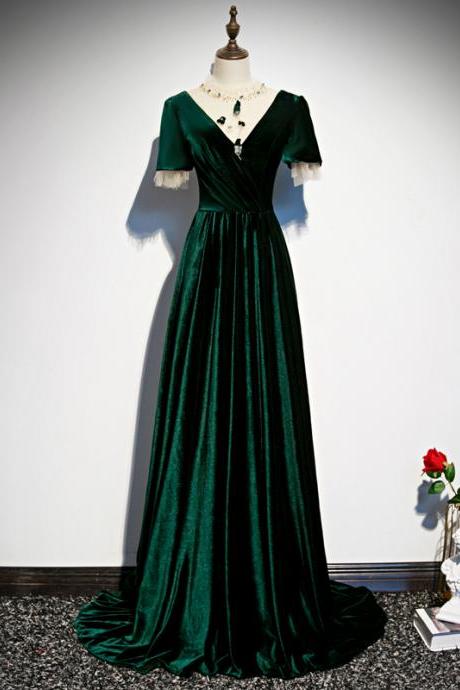 Beautiful Green High Neckline Velvet Long Party Dresses, A-line Bridesmaid Dresses